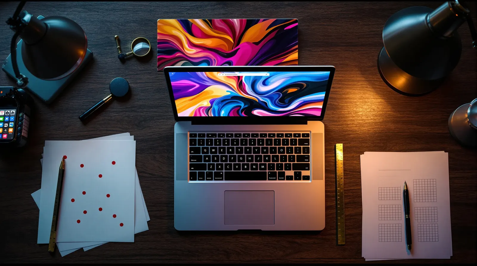 A review desk at night with a laptop, printed layouts and a loupe