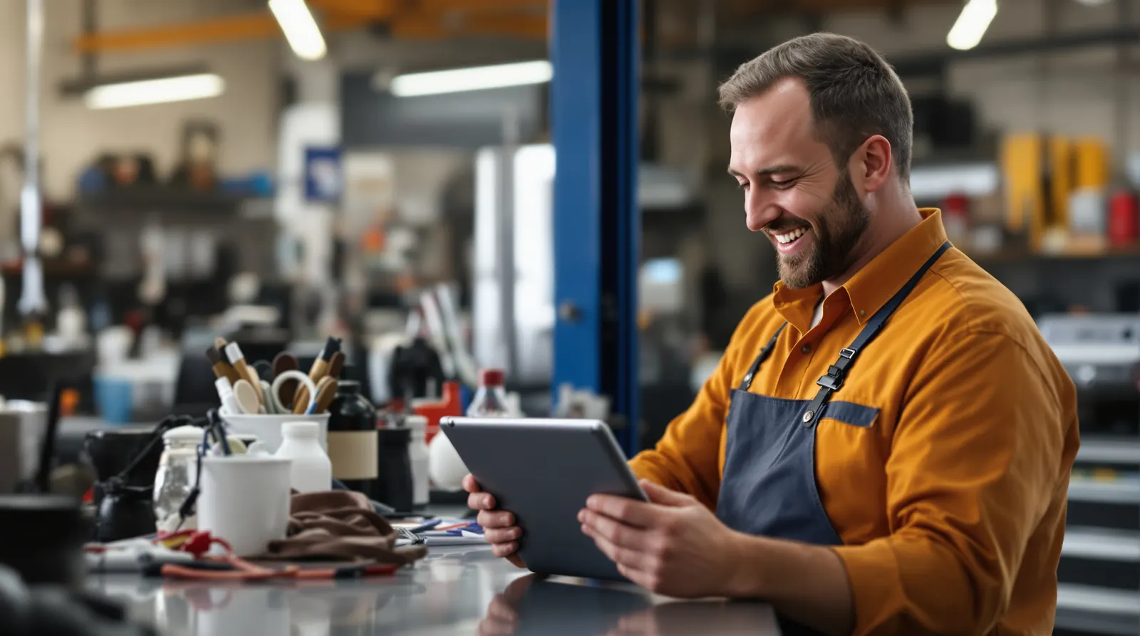 A shop owner checking a new website on a tablet at the front counter