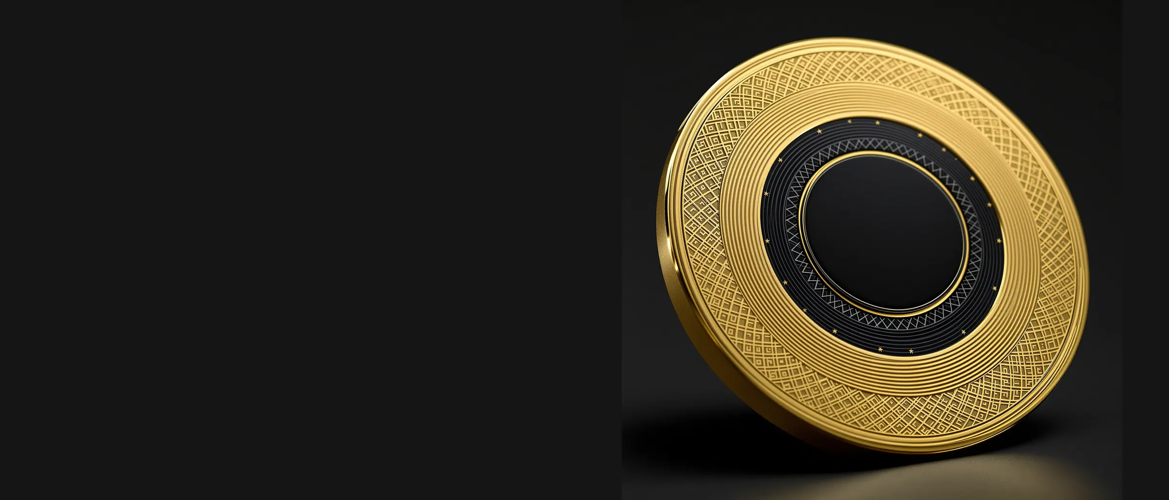 A gold websbz medallion with engraved rings and a black enamel center