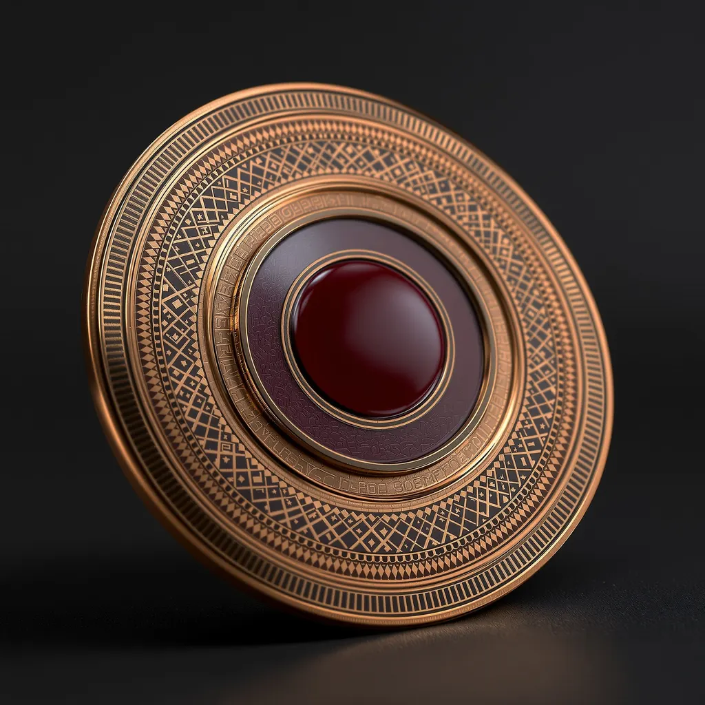 A copper websbz medallion with an oxblood enamel center
