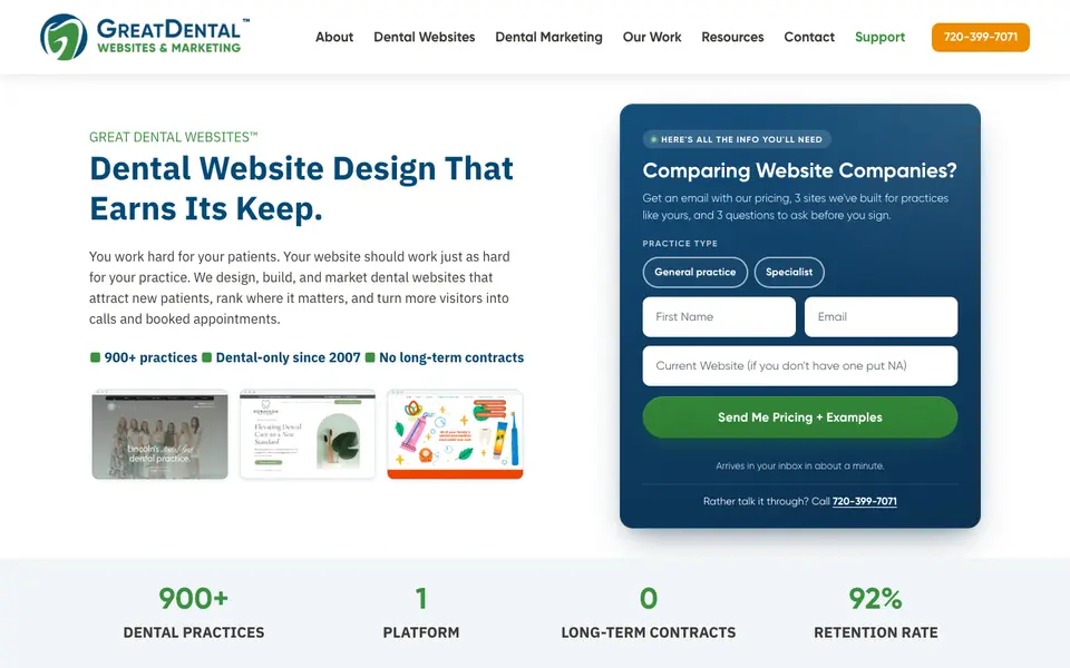 Home page of Great Dental Websites at greatdentalwebsites.com