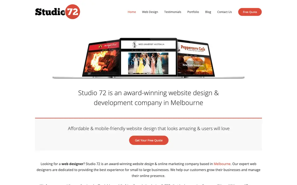 Home page of Studio 72 at studio72.com.au