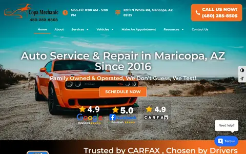 Home page of copamechanic.com, a client site credited to Advanced Digital Automotive Group