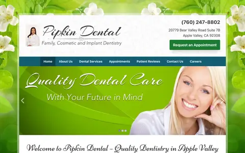 Home page of pipkindental.com, a client site credited to BNE Creative