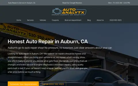 Home page of auburnautoanalytx.com, a client site credited to Boas Digital Solutions