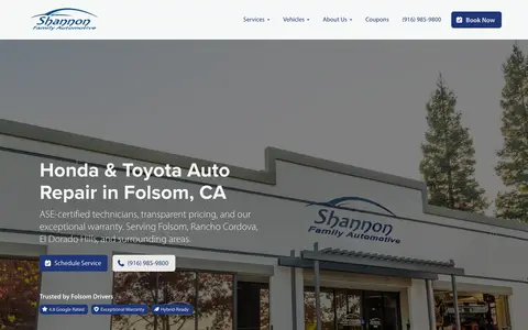 Home page of shannonfamilyautomotive.com, a client site credited to Boas Digital Solutions