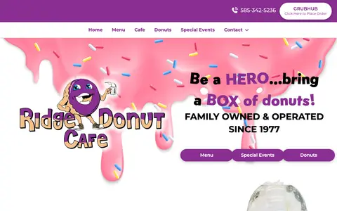 Home page of ridgedonuts.com, a client site credited to B Square Web