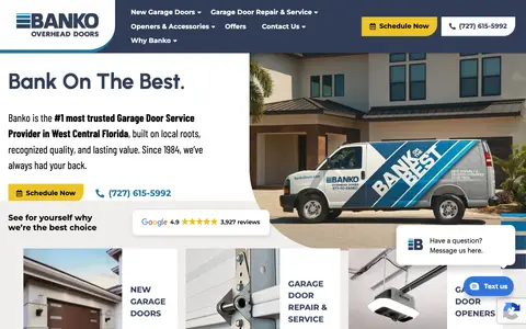 Home page of bankogaragedoors.com, a client site credited to CAMP Digital