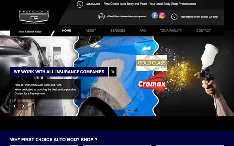 Home page of firstchoiceautobodyshop.com, a client site credited to Chavez Web Design