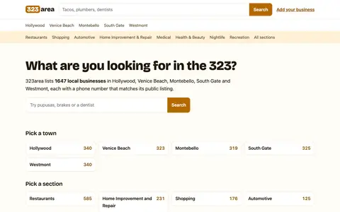 Home page of 323area.com, a client site credited to Clickflame