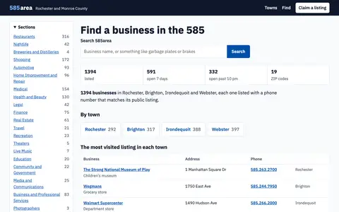 Home page of 585area.com, a client site credited to Clickflame