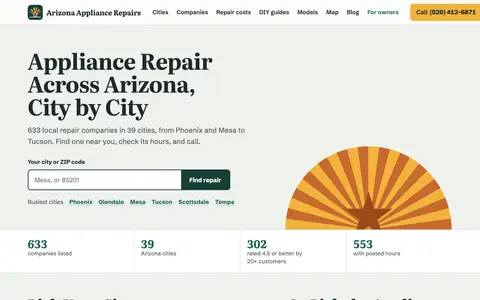 Home page of appliancerepairaz.com, a client site credited to Clickflame
