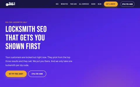 Home page of bestlocksmithseo.com, a client site credited to Clickflame