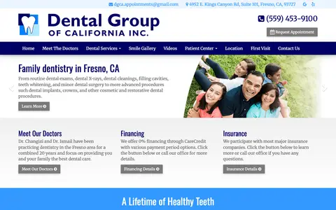 Home page of dentalgroupofcalifornia.com, a client site credited to Dental Web Services