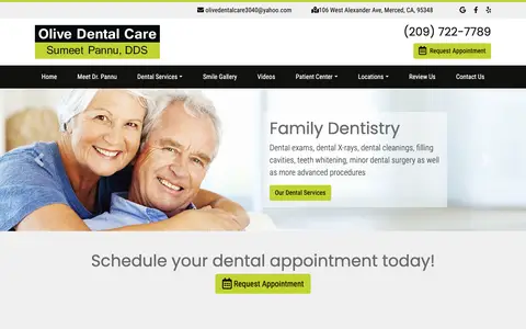 Home page of olivedentalmerced.com, a client site credited to Dental Web Services