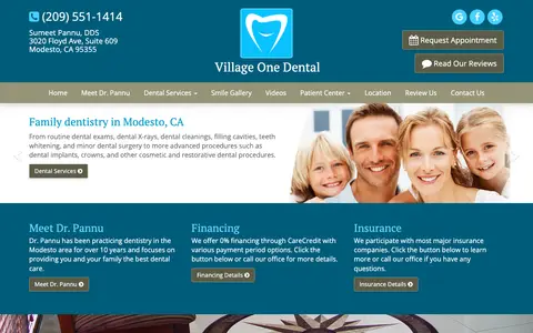 Home page of villageonedental.com, a client site credited to Dental Web Services