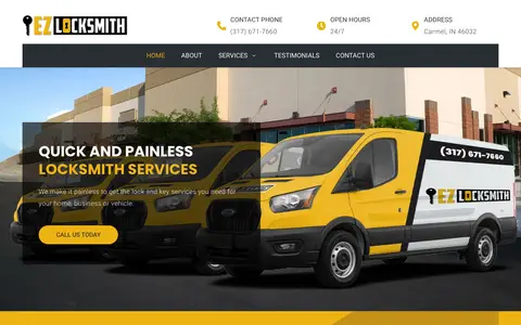 Home page of ezlocksmithindiana.com, a client site credited to Designer 1 Media