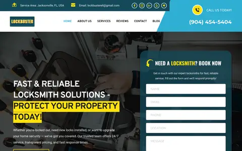 Home page of lockbusterjacksonville.com, a client site credited to Designer 1 Media