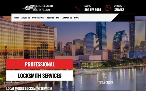 Home page of mobilelocksmithsjacksonville365.com, a client site credited to Designer 1 Media