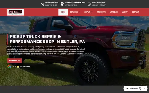 Home page of cottonscustoms.com, a client site credited to Dieselmatic