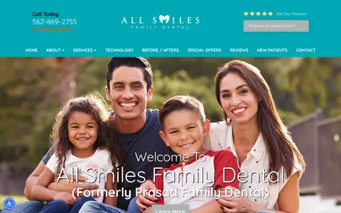 Home page of allsmilesfamilydental.info, a client site credited to DocSites