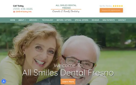 Home page of allsmilesfresno.com, a client site credited to DocSites