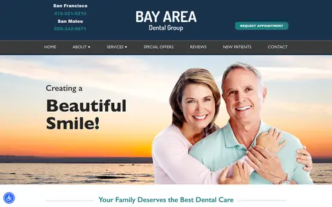 Home page of bayareadentalgroup.com, a client site credited to DocSites