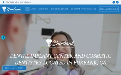 Home page of burbankimplantdentistry.com, a client site credited to Dr. Marketing