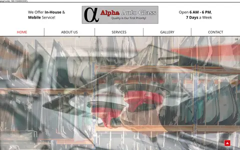 Home page of alphaautoglassinc.com, a client site credited to First Day Social