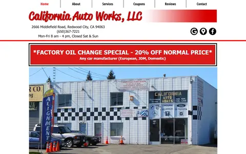 Home page of californiaautoworks.com, a client site credited to First Day Social