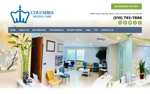 Home page of columbia-dentalcare.com, a client site credited to Great Dental Websites