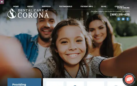 Home page of dentalcareofcorona.com, a client site credited to Great Dental Websites