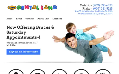 Home page of kidsdentalland.com, a client site credited to Great Dental Websites