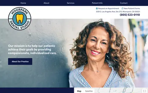 Home page of moorparkdentalstudio.com, a client site credited to Great Dental Websites