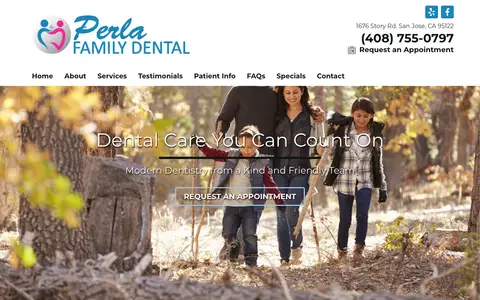 Home page of perlafamilydental.com, a client site credited to Great Dental Websites