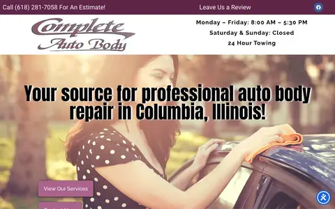 Home page of autobodyrepaircolumbiail.com, a client site credited to Hometown Marketing Group