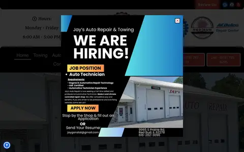 Home page of jaysautorepairandtowingil.com, a client site credited to Hometown Marketing Group