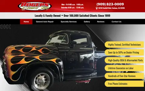 Home page of rogersexhaustshop.com, a client site credited to iSearch By City