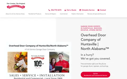 Home page of overheaddoorcompanyofhuntsville.com, a client site credited to Lifted Logic