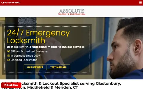 Home page of absolutesecuritylocksmith.com, a client site credited to Local Internet