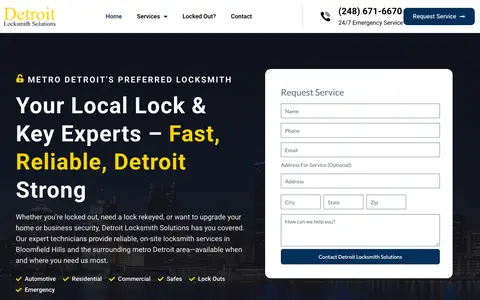 Home page of detroitlocksmithsolutions.com, a client site credited to MI Digital Solution