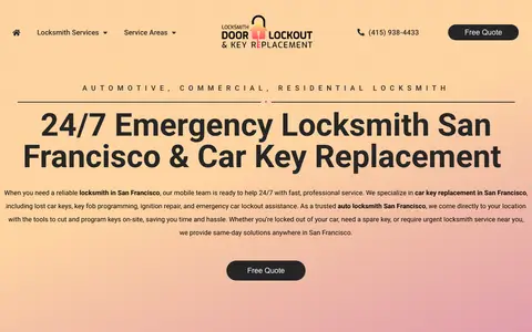 Home page of locksmithdoorlockoutkeyreplacement.com, a client site credited to MI Digital Solution