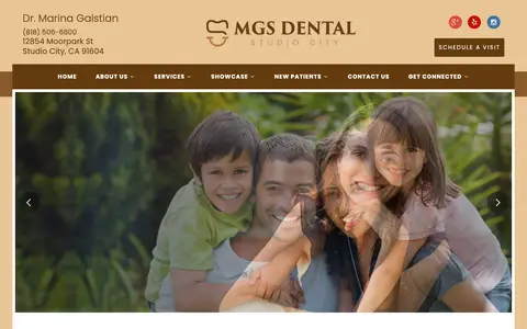 Home page of mgsdentalstudiocity.com, a client site credited to Miso Web Design