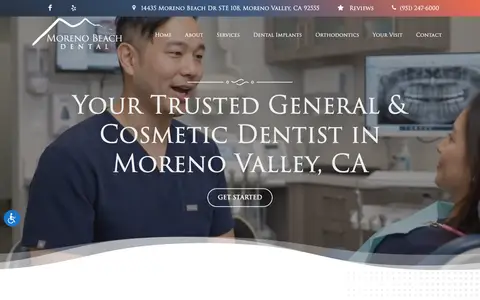 Home page of morenobeachdental.com, a client site credited to Miso Web Design