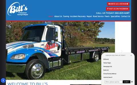Home page of billsprofessionaltowing.com, a client site credited to NEXT! Digital Ad Agency