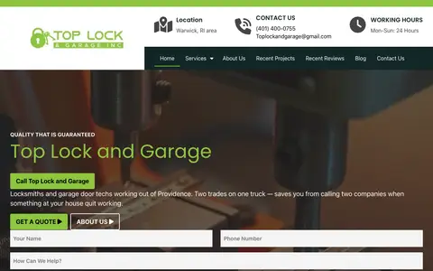 Home page of toplockandgarage.com, a client site credited to Partners In Local Search