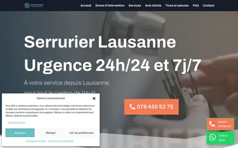 Home page of serrurier-lausanne-urgence.ch, a client site credited to Pixelium