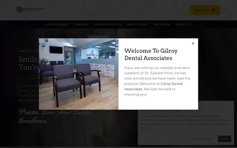 Home page of gilroydentalassociates.com, a client site credited to Progressive Dental Marketing