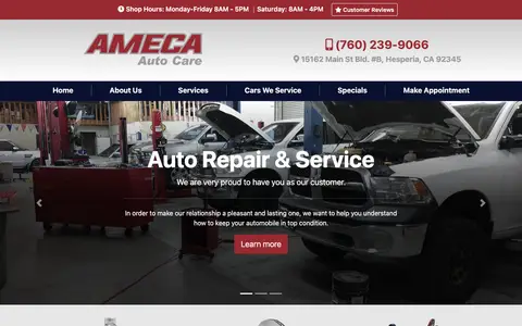 Home page of amecaautocare.com, a client site credited to Ready Power Market