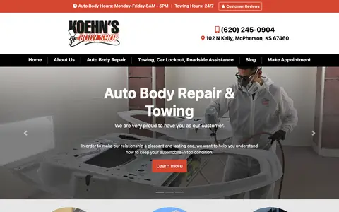 Home page of koehnsbodyshop.com, a client site credited to Ready Power Market